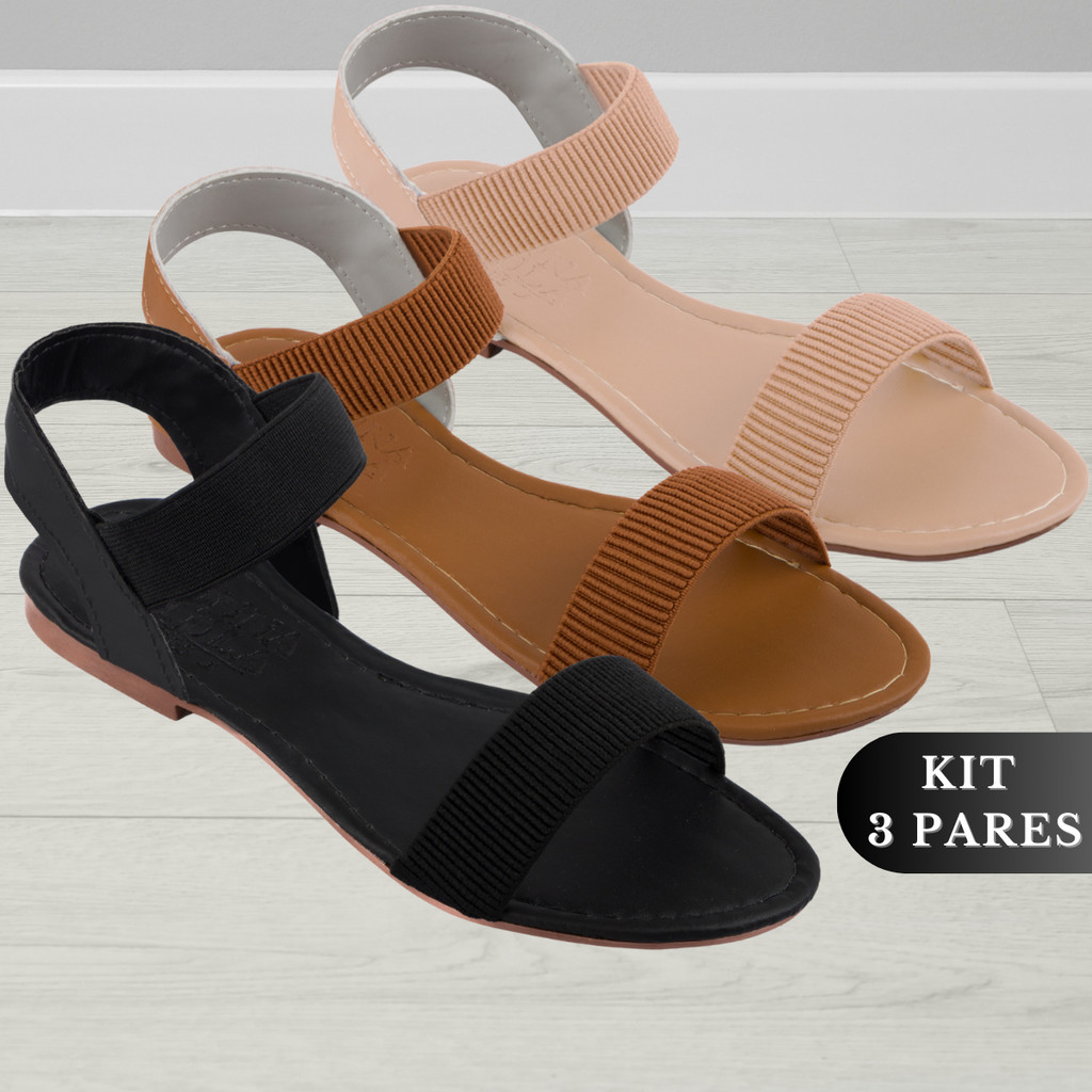 Sandália Feminina Rasteirinha Rasteira Feminina Kit 3 Pares Elástico ...