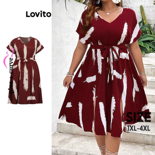 Lovito Vestido plus size casual geométrico com gravata frontal para mulheres LBL16146