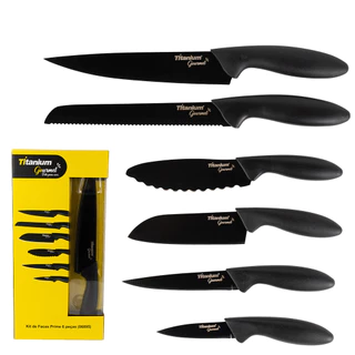 Jogo de Facas Prime Aço Inoxidável Titanium Gourmet 6 Peças – Preto em Oferta na Shopee