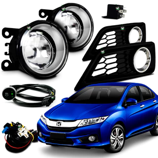 Kit Farol Auxiliar Milha Honda City 2015 2016 2017 Moldura Preta C/ Aro Cromado Botao Touch