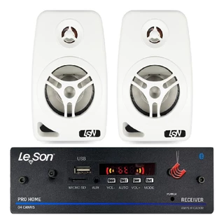 Kit Receiver Amplificador 120w Som Ambiente + 2 Caixas Parede Branca Com Suportes