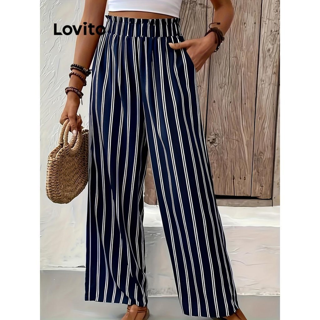 Lovito Calça casual listrada colorblock para mulheres LNL59044
