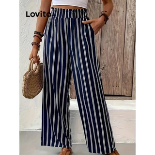 Lovito Calça casual listrada colorblock para mulheres LNL59044