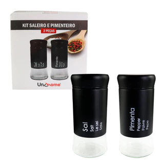 Kit Saleiro e Pimenteiro de Vidro e Revestido em Aço Inox Cor Preto Moderno