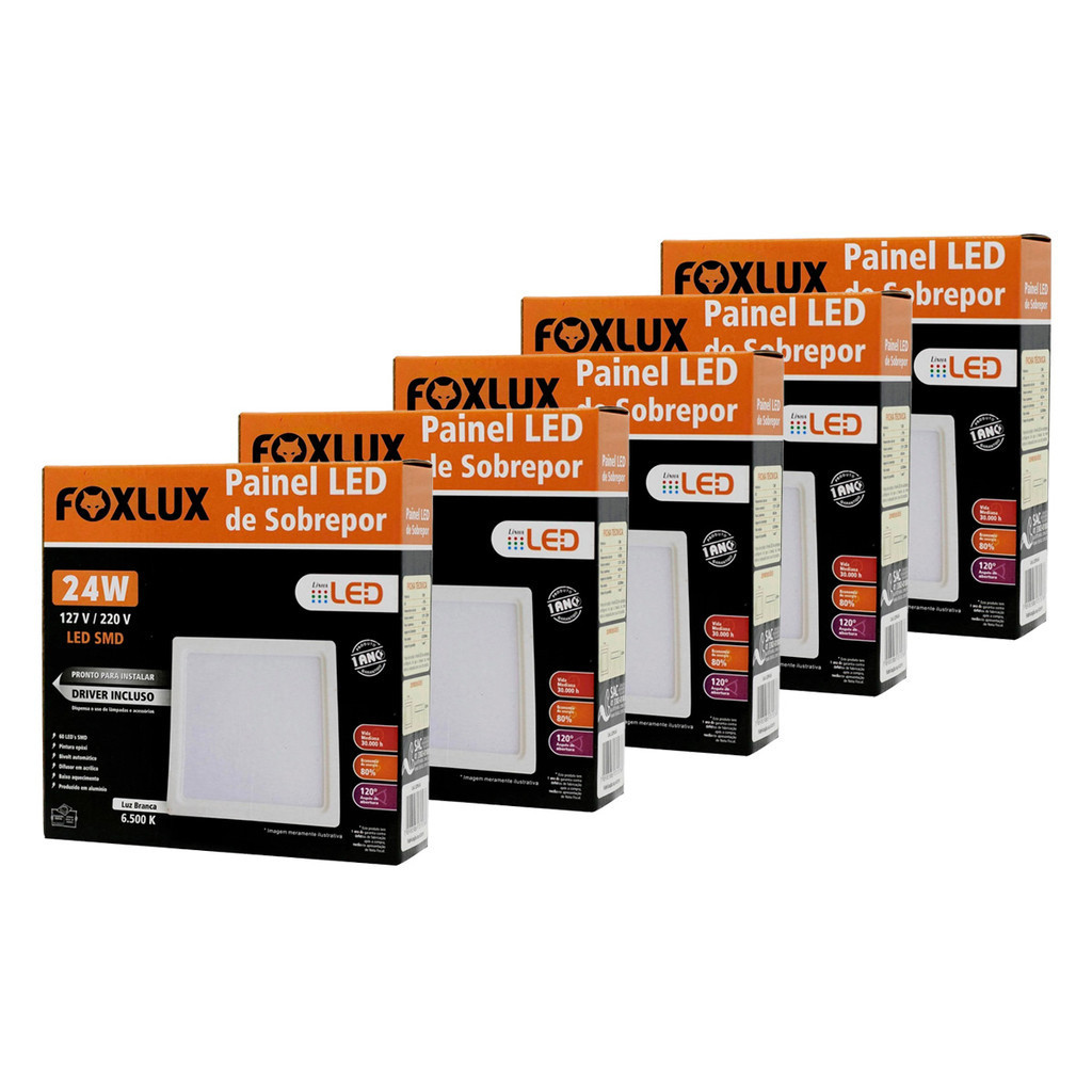 Kit 5 Painel LED Foxlux Quadrado Sobrepor 24W 6500K Bivolt | iluminação ...