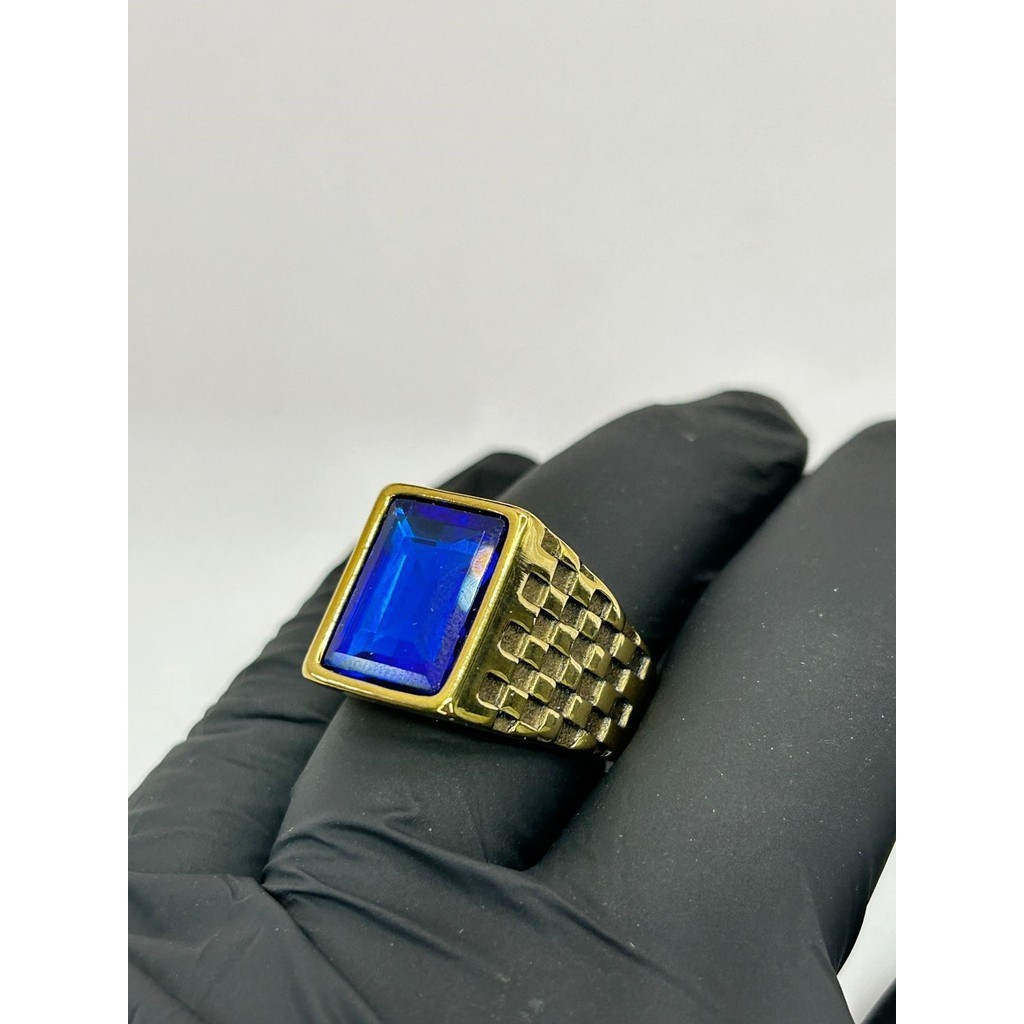 Anel Masculino De Pedra Azul De Aço Inoxidável