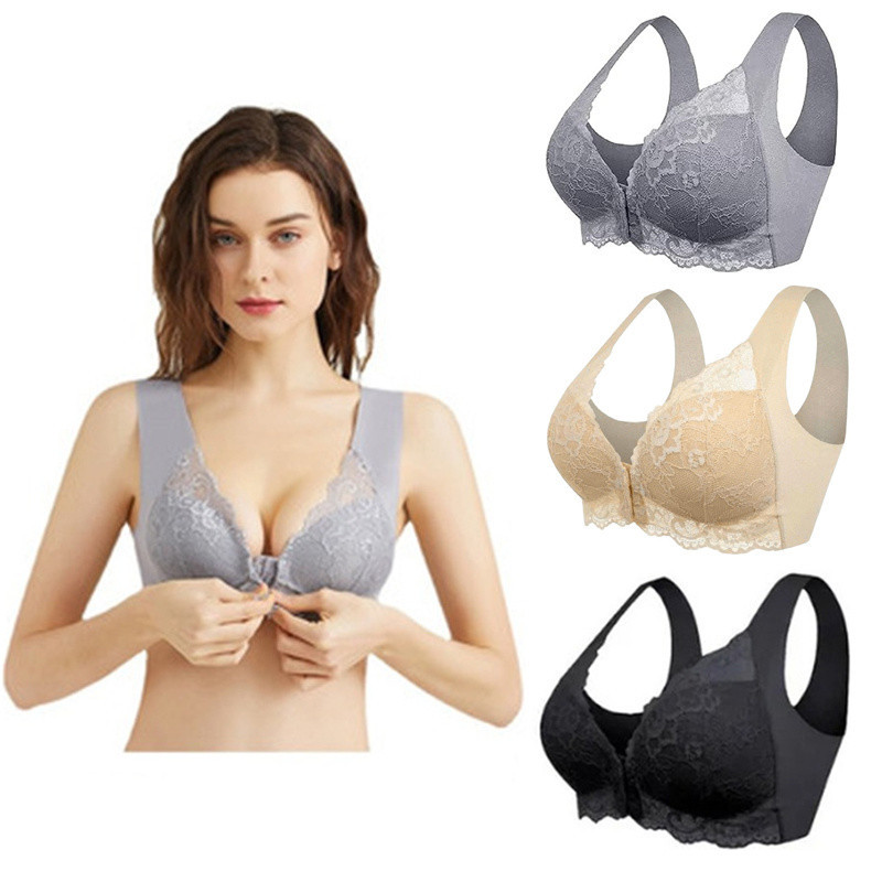 Kit 2 Plus Size Sutiã Renda Contraste Frente Fechada 3/4 Sem Costrua com Fivela Frontal