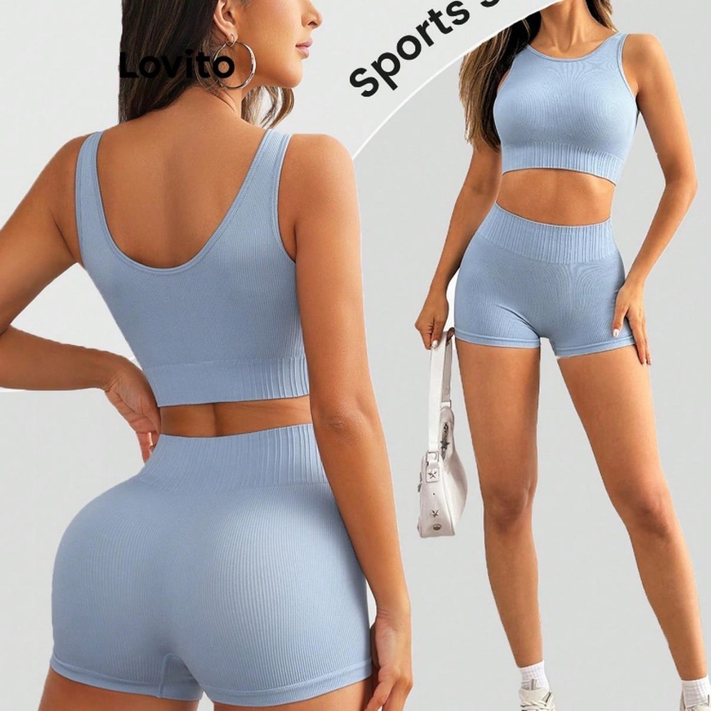 Lovito Conjunto esportivo básico liso esportivo para mulheres LNL64060