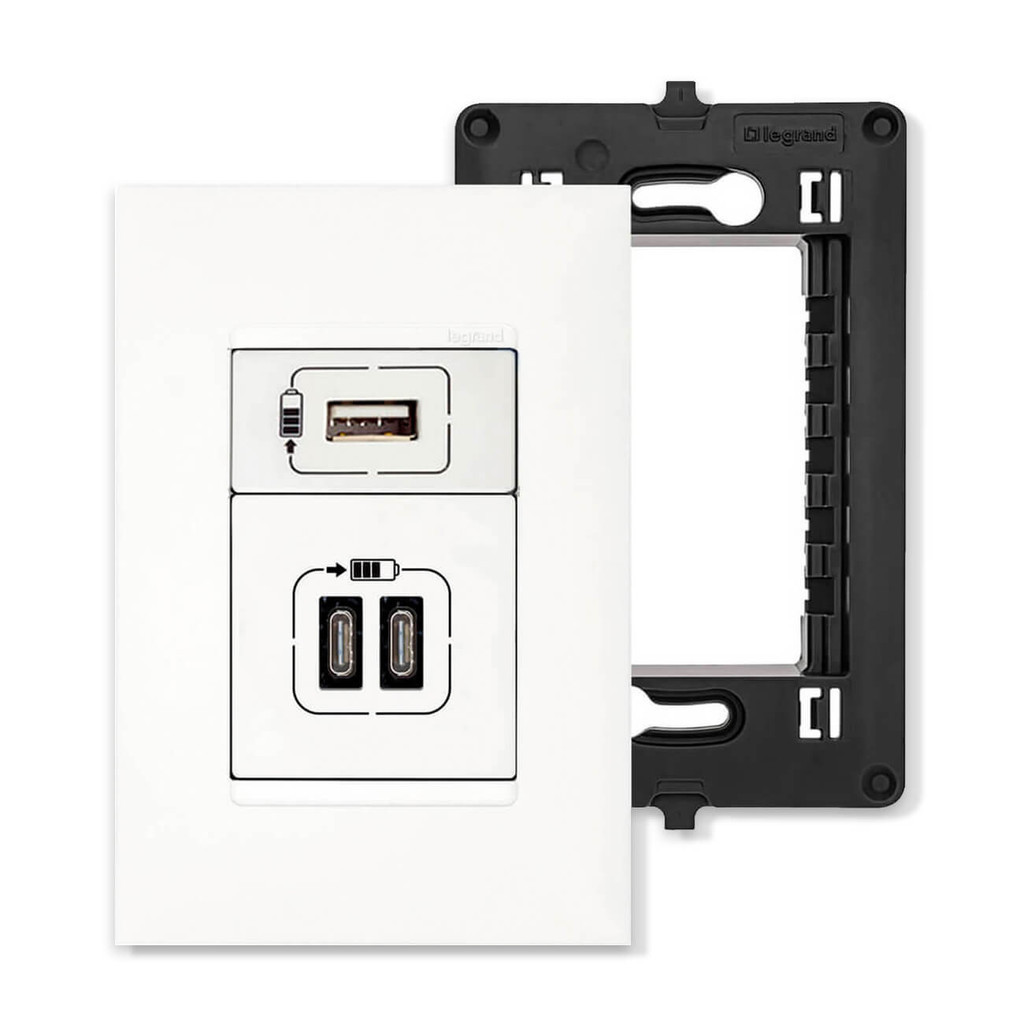 Kit 3 Carregador USB Tipo A+C com Placa 4x2 Branco PIAL Plus+ Legrand