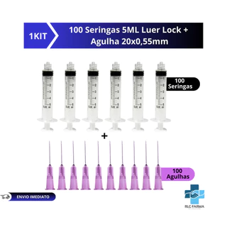 Kit 100 Seringas 5ml Bico Luer lock Rosca + 100 Agulhas 20x0,55 Roxa