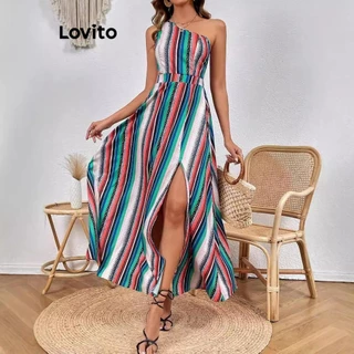 Lovito Vestido Boho Rainbow Stripe Split ombro frio para mulheres LNL77395