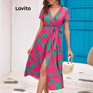 Lovito Vestido boho tropical com renda dividida para mulheres LNL75390