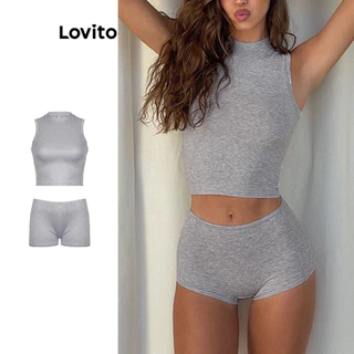 Lovito Conjunto esportivo esportivo de cor pura lisa para mulheres LNL77100