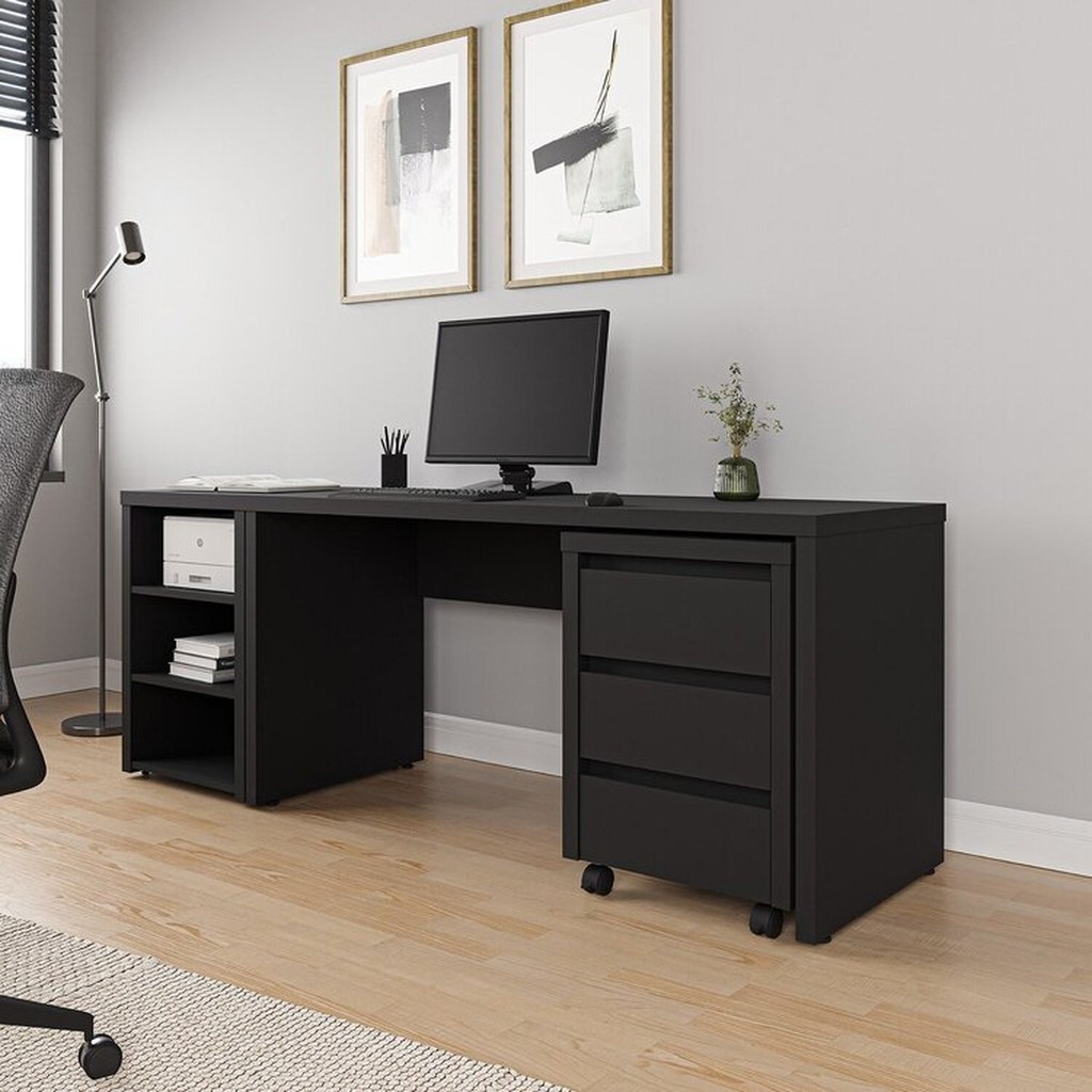Mesa de Escritório 200cm com Gaveteiro com Rodízio e Prateleiras Ficus ...