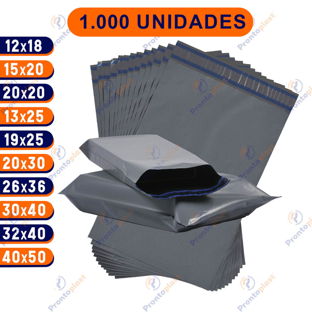 1000 Envelope de Segurança Cinza Ecológico - Saco Envio Correios Sedex com Lacre - Vários Tamanhos