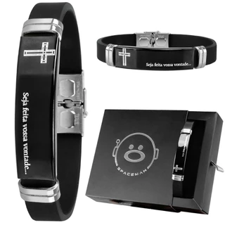 pulseira masculina placa aço inox pai nosso caixa preto qualidade premium social silicone presente