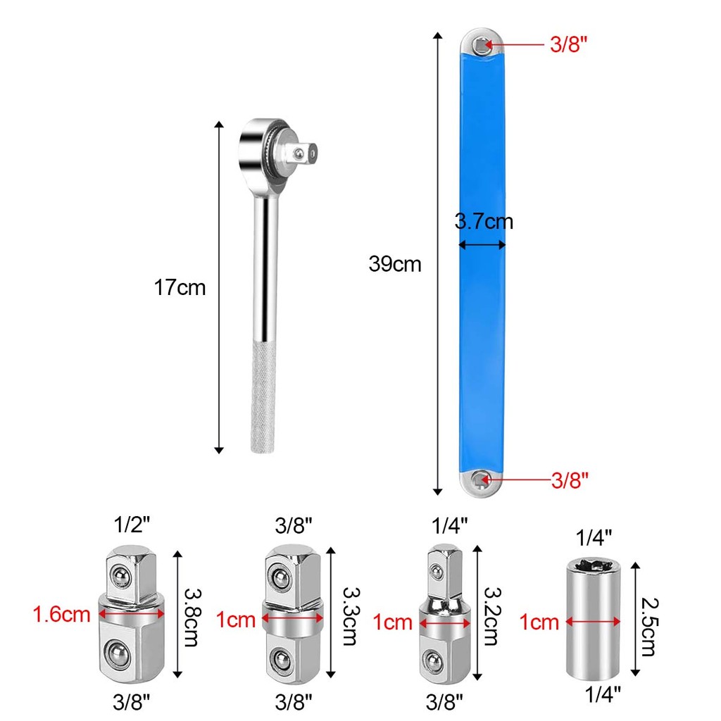 Chave de catraca estendida Offset, 4 adaptadores, chave giratória, chave de catraca de 3/8 de polegada