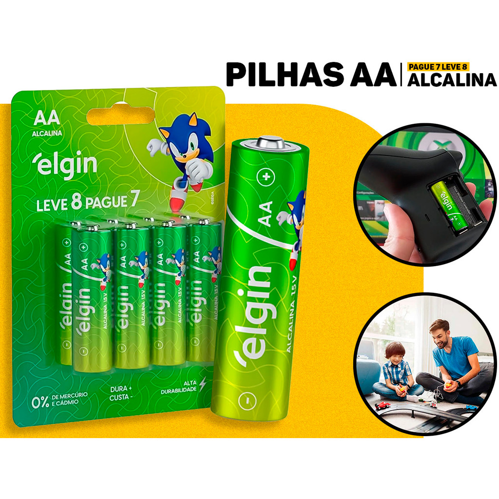 Pilha Elgin Alcalina AA 1.5v 8 Peças Ideal P/ Controle E Brinquedos ...