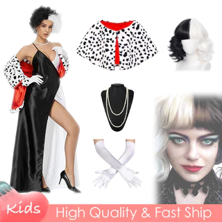 Traje Cruella De Vil Cosplay Para Mulheres Vestido Sexy De Cabresto Preto Branco Com Conjunto De Festa De Halloween