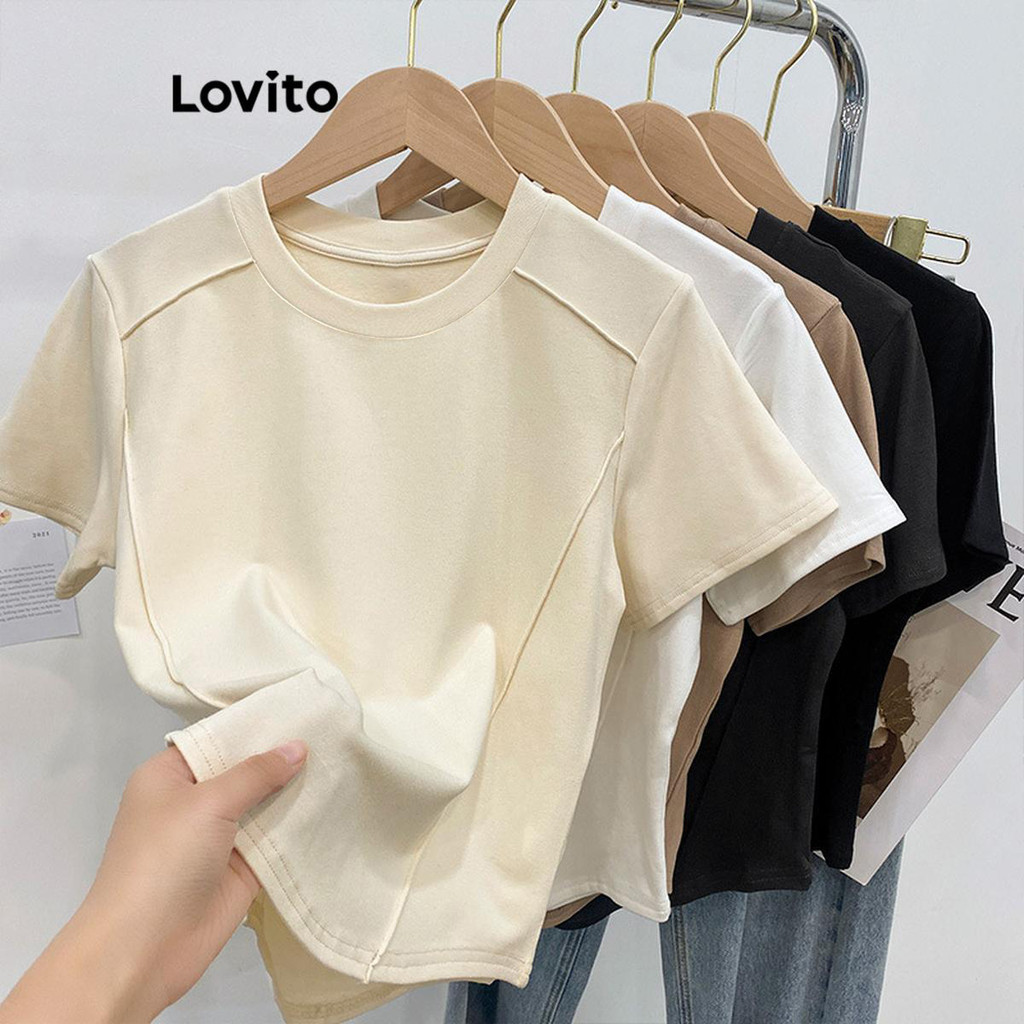 Lovito Camiseta feminina casual lisa e contrastante LNE57009