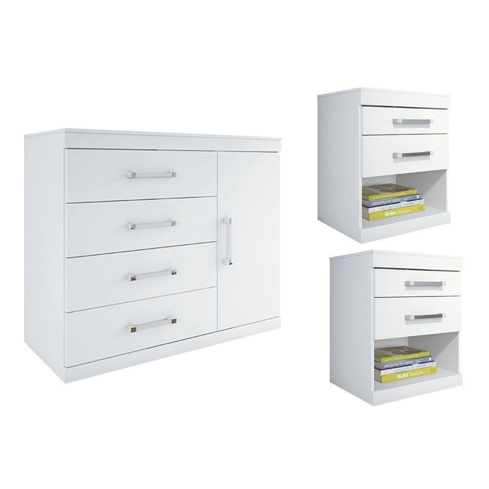Cômoda de Quarto 3 Peças (1 Cômoda + 2 Mesas de Cabeceira) QS82 Branco - Santos Andirá