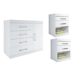 Cômoda de Quarto 3 Peças (1 Cômoda + 2 Mesas de Cabeceira) QS82 Branco - Santos Andirá