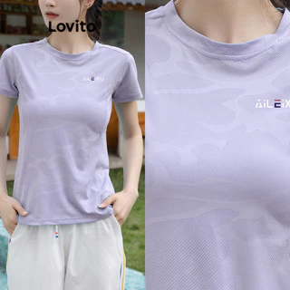 Lovito Camisetas esportivas com costura de tecido liso para mulheres LNL77239