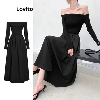Lovito Vestido casual liso com costura em tecido de ombro frio para mulheres L100MD103