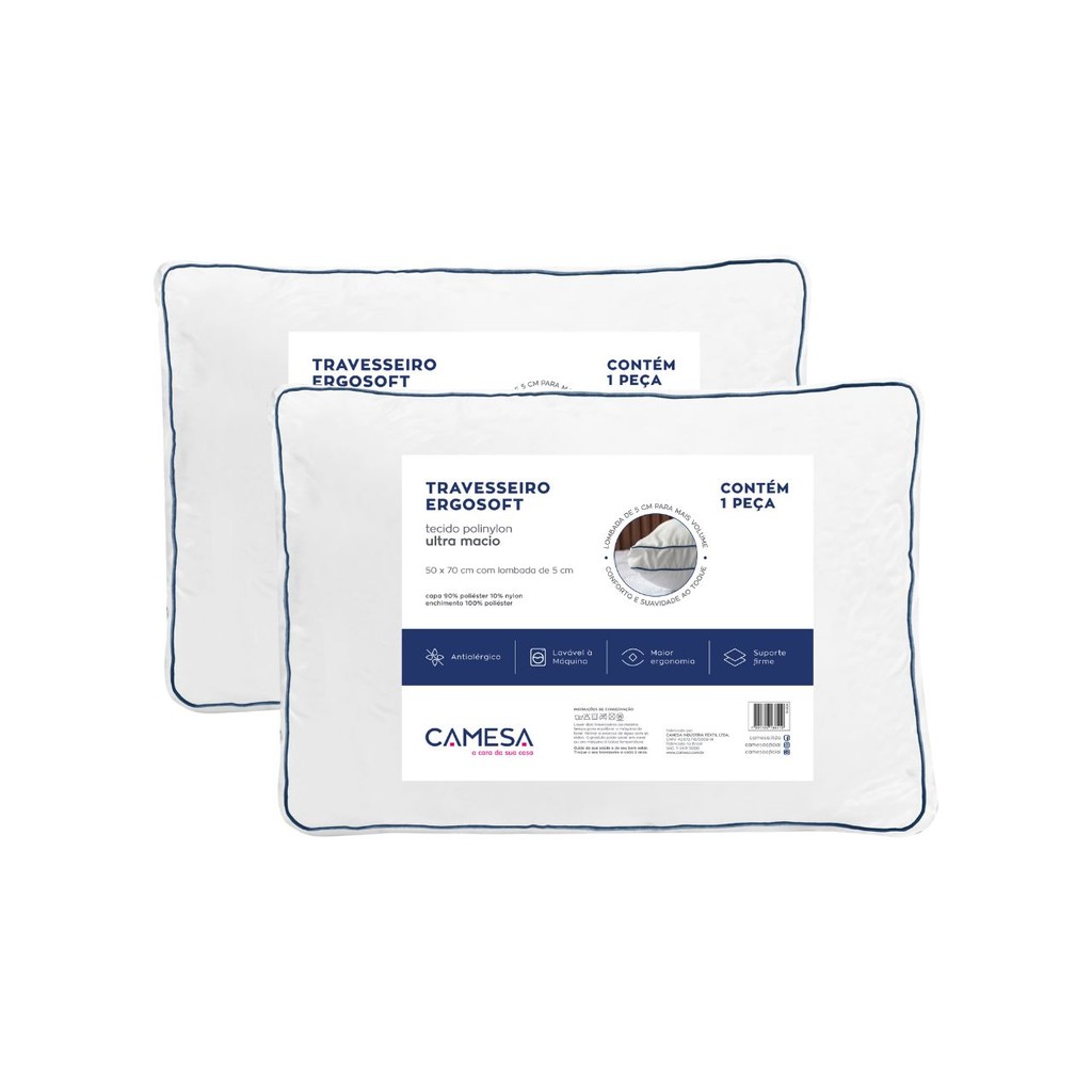 Kit 2 Travesseiros Camesa Ergosoft Hotel Ultra Macio 50x70