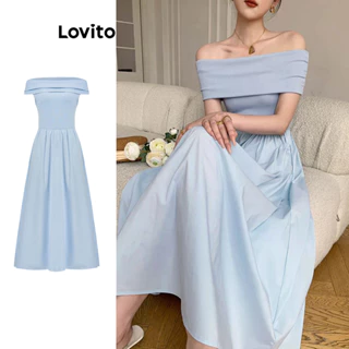 Lovito Vestido elegante de tecido com costura de ombro frio simples para mulheres L100MD428