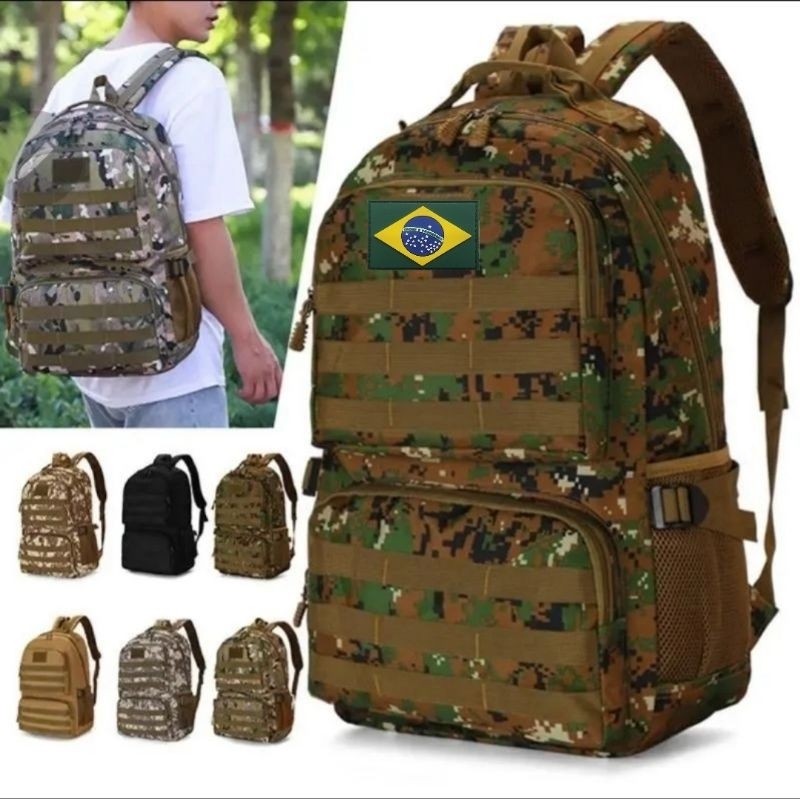 Mochila Tática camuflada 45Litro +1patch Impermeável Grande Reforçada Espaçosa Resistente para montanhismo escolar pesca
