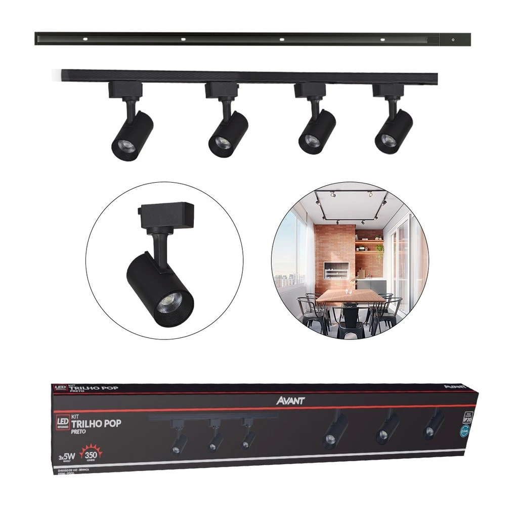 Kit trilho Eletrificado 4 Spot Led + 1 Metro de Trilho Pop 20w 6500k Branco Frio 110v/220v Preto Cod: 251931414-1