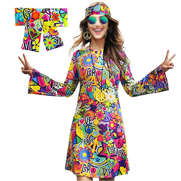 Halloween Cross-Border Women's Roupas Hippie dos anos 80 com um hippie  vestido estampado com turbante