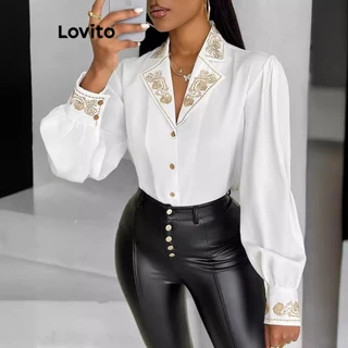 Lovito Blusa frontal elegante com botão bordado floral para mulher n LNL302