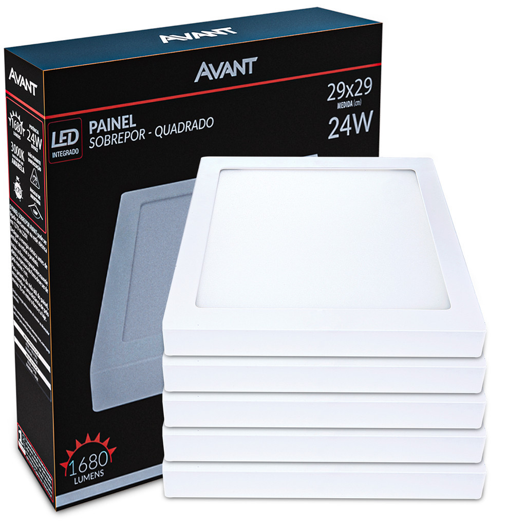 Kit 5 Painel Led Quadrado 24w Sobrepor Branco Frio Avant