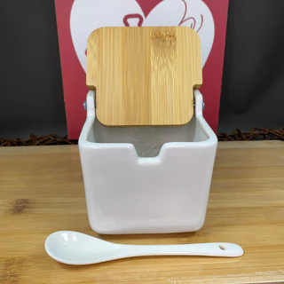 SALEIRO PORTA CONDIMENTO PORCELANA COM COLHER E TAMPA DE BAMBU 300M
