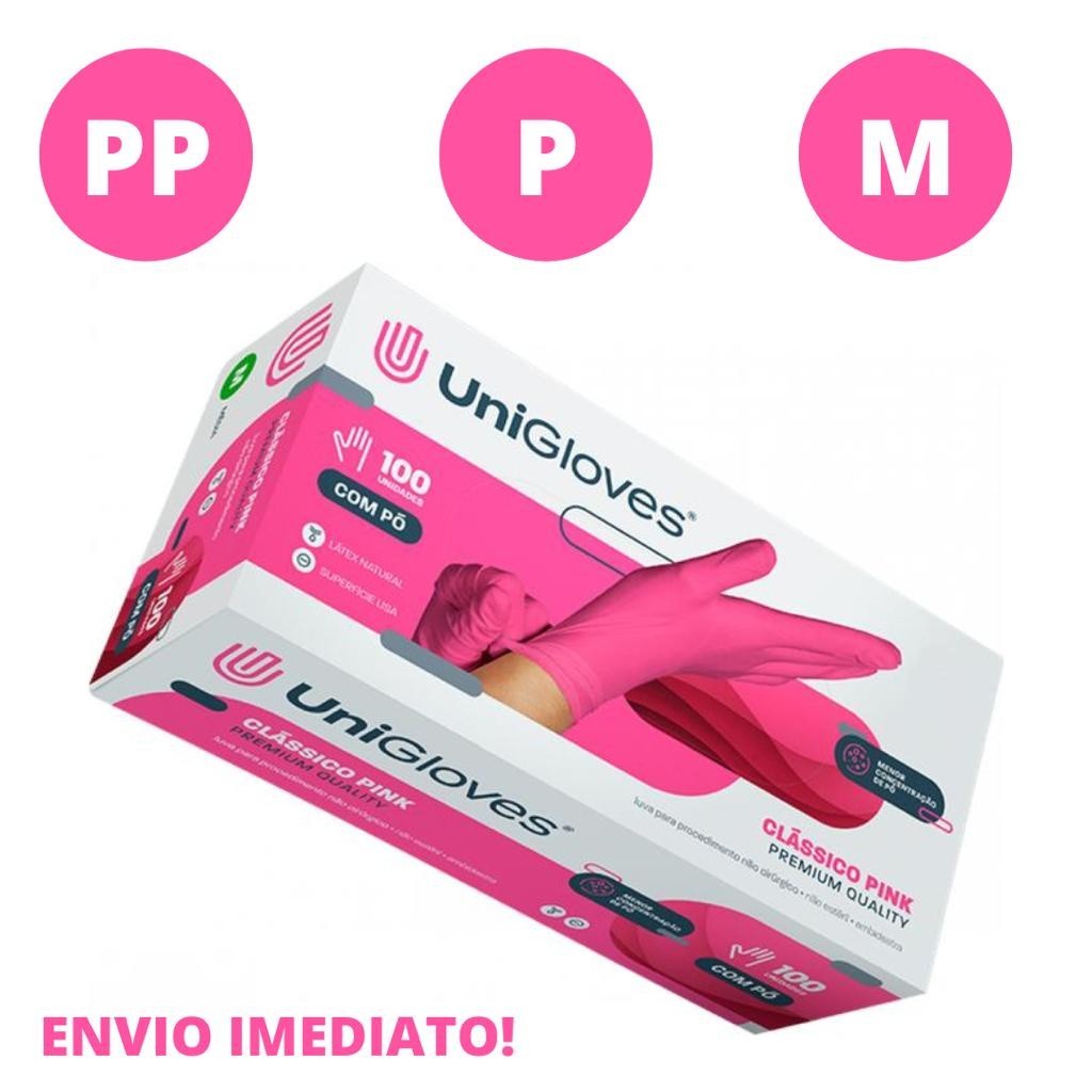 Luva Descartável Látex Procedimentos Rosa 10 ou 20 Unidades Avulsas Unigloves