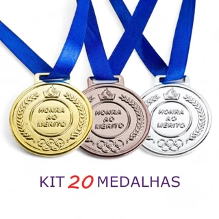 Conjunto De 20 Medalhas Campeonato Honra Ao Mérito Fita Azul 4,2cm