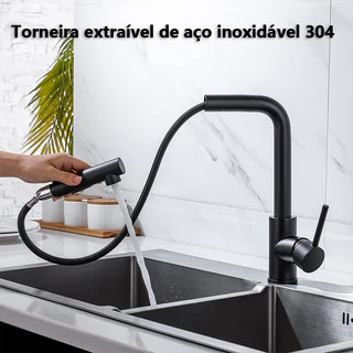 Torneira De Cozinha Pull-Out Preto Inox 304 Torneira 360 Rotação Dupla Pulverizador Navio Pia