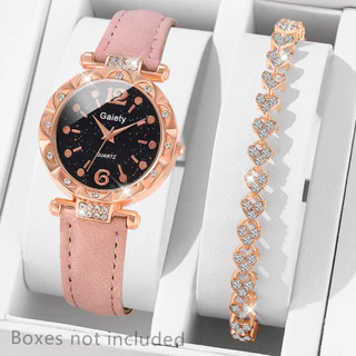 2 PCS Relógio Mulher Coreana Starry Sky Pink Leather Watch For Woman Bracelet De Quartzo