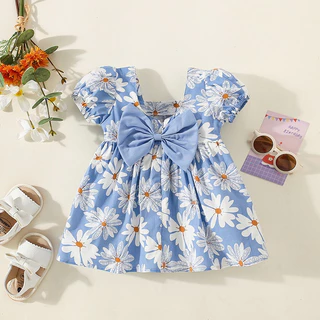 Novo Vestido de Bebê Branco com Daisy Print e Bow para Meninas (0-3 Anos)