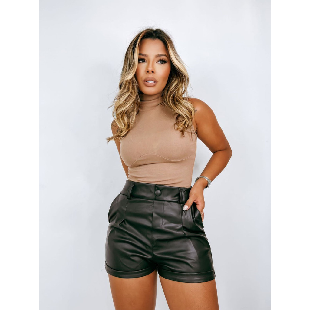 Short Couro Blusa Couro Fake Feminina Couro Fake Short Courino