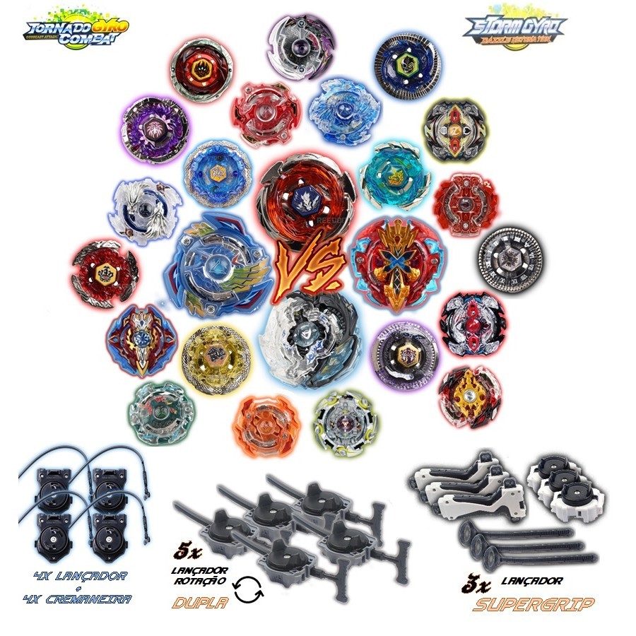 Kit 8 Beyblade Burst Vs 4 Beyblade Metal Led + 12 Lançador + 3 Grip ...