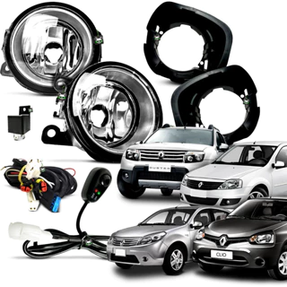Kit Farol Auxiliar Milha Sandero/Logan 2007 a 2011 Clio/Duster 2013 a 2016 Moldura Cromada Botao Colante