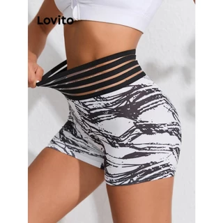 Lovito Short esportivo com costura em tecido de mármore esportivo para mulheres LNL77094