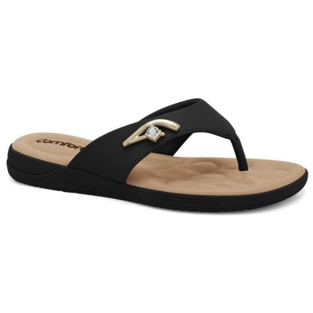 Sandália Chinelo Feminina Comfortflex Rasteira Detalhe Dourado