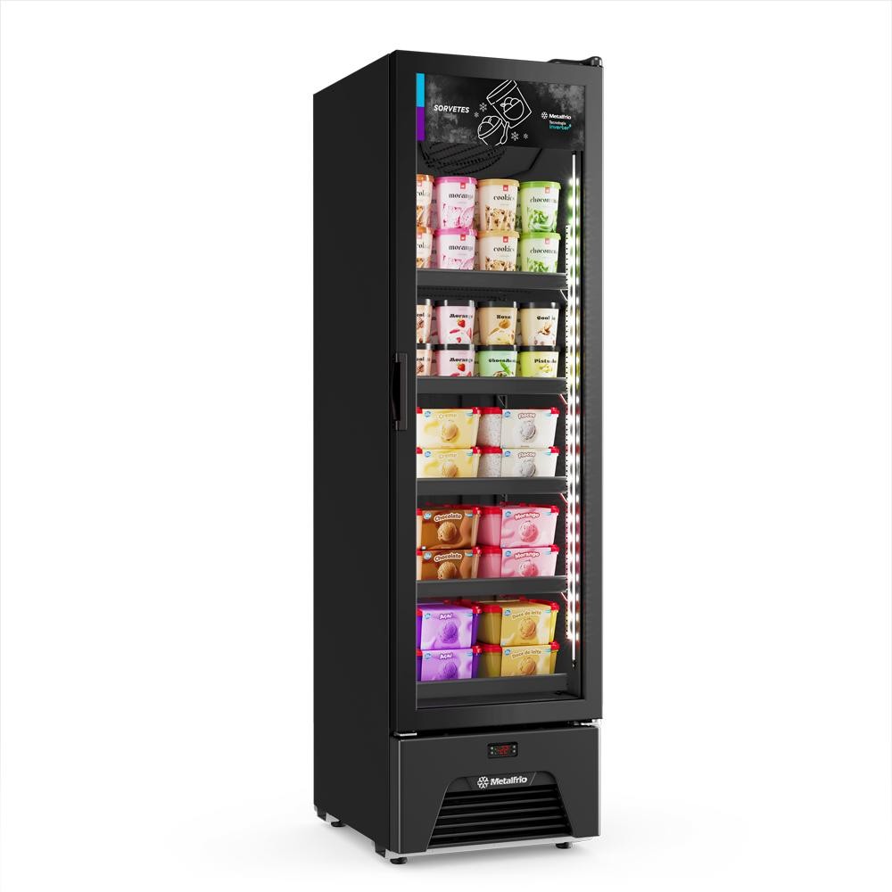 Freezer Vertical Sorvetes Frost Free -18 a -22ºc Slim Inverter 204/337l Vf28 All Black 220v - Metalfrio