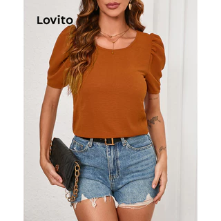 Lovito Blusa plissada elegante e simples para mulher LBL17072