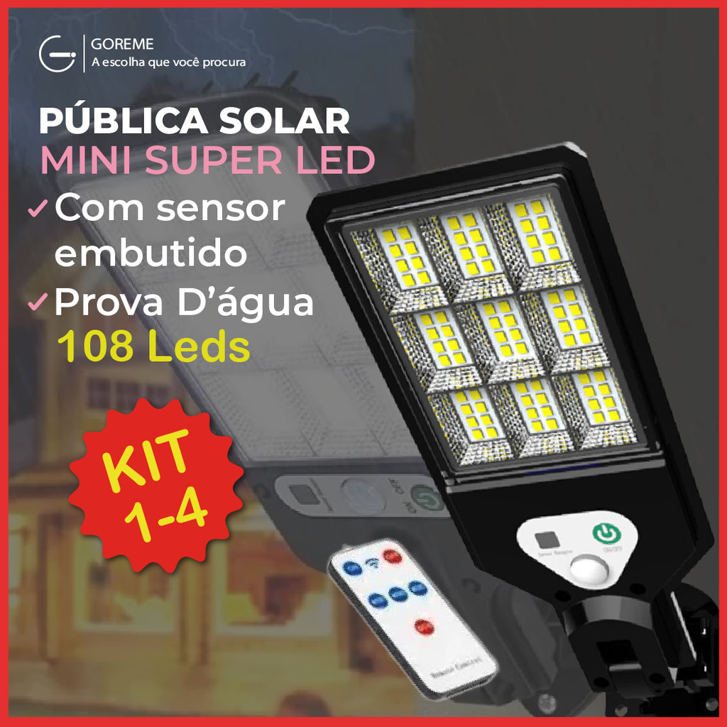 Luminária Pública Luz Solar Externo 108 LEDS Com Controle Remoto Refletor LED Transparente Sensor De Movimento Ajustável