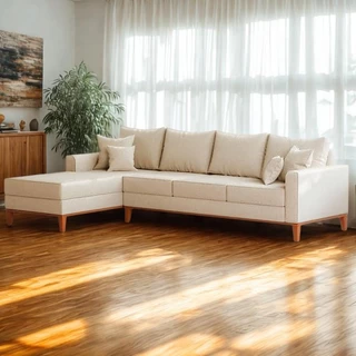 Sofá 4 Lugares Beny com Chaise Esquerdo Linho Bege em Oferta na Shopee